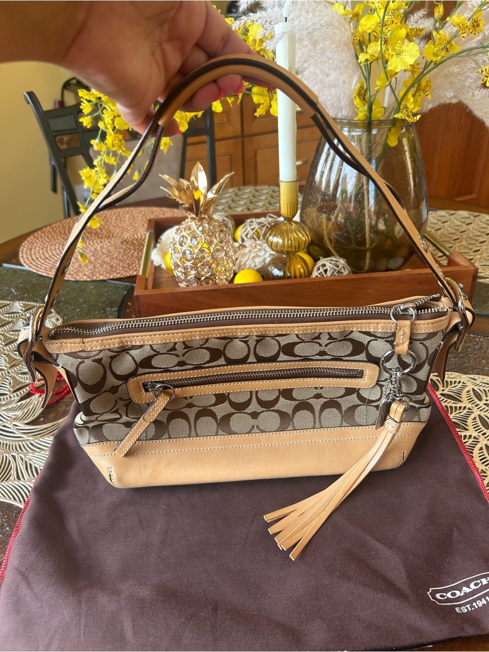 Vintage Coach Brown Signature Canvas Shoulder Bag with Tan Leather Trim